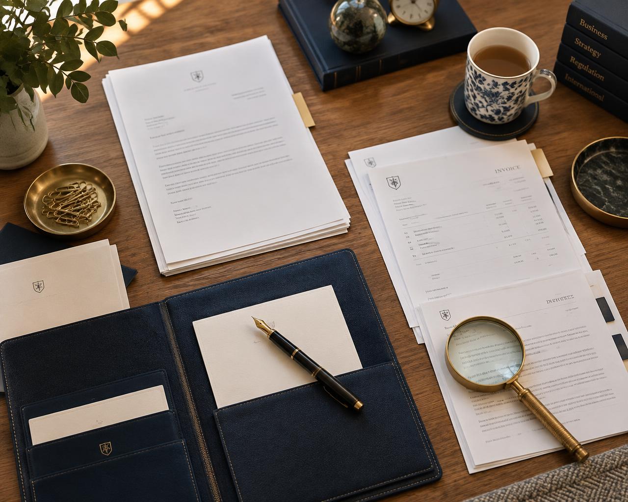 Organised documents and a magnifying glass on a desk